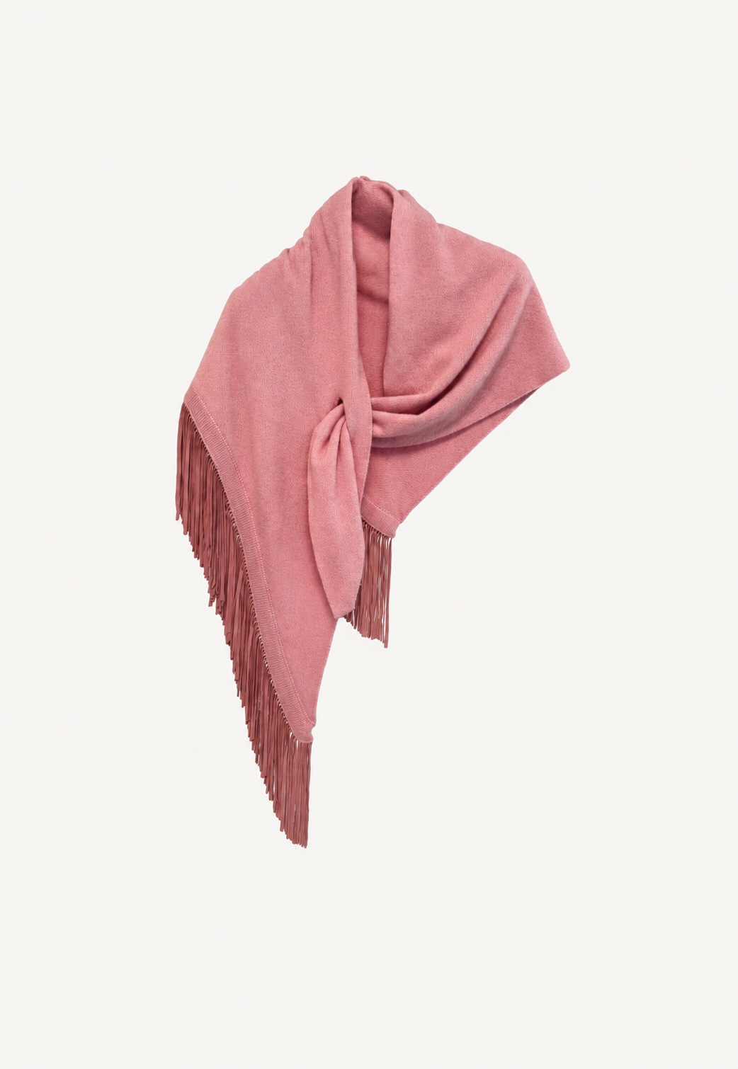 Antonia Zander Anina Triangolo Body No. 38 – cashmere triangle scarf with dusty-rose goat suede leather fringes on a light background.