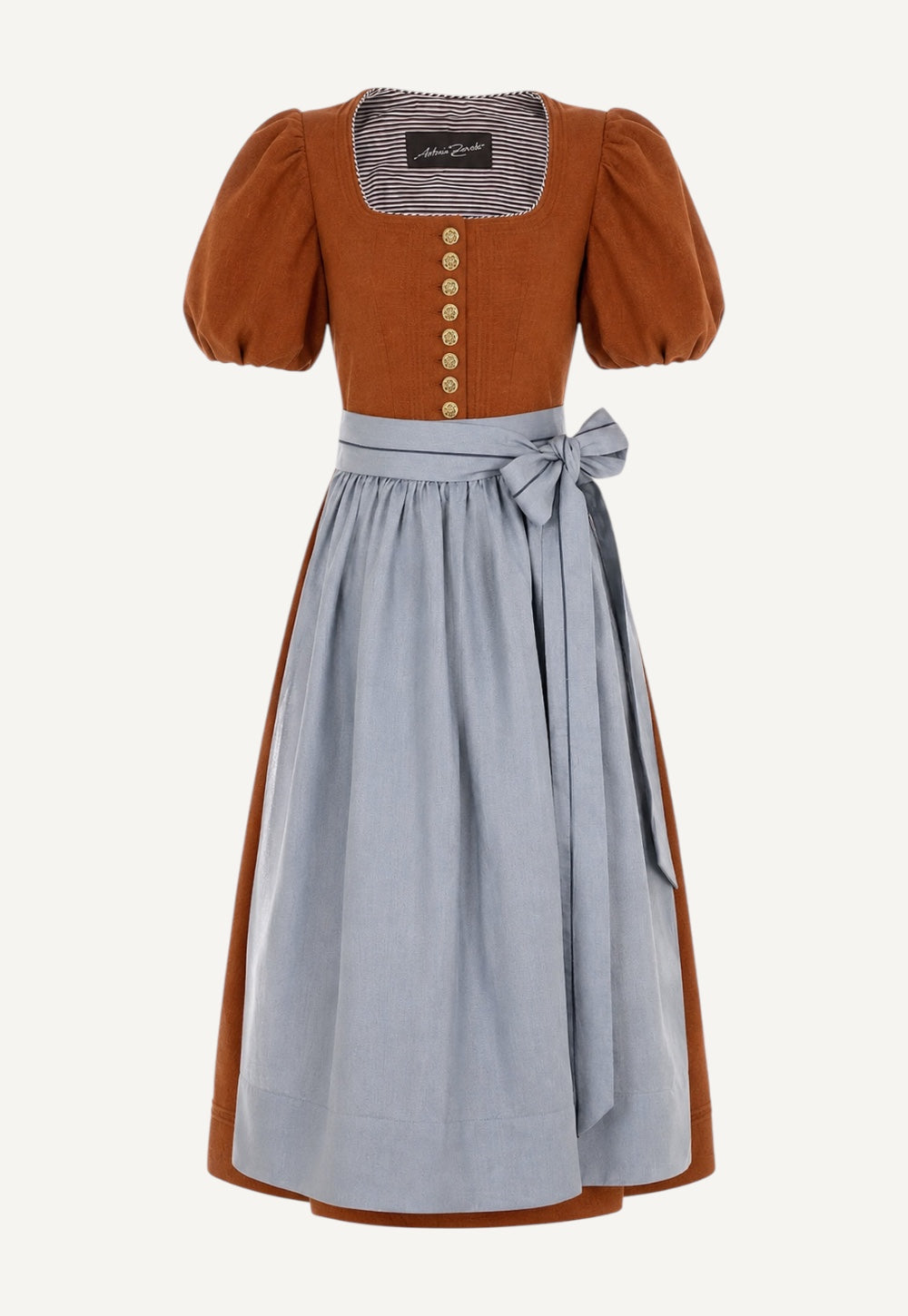 Ala Dirndl in rust with dove-blue linen apron by Antonia Zander – front view