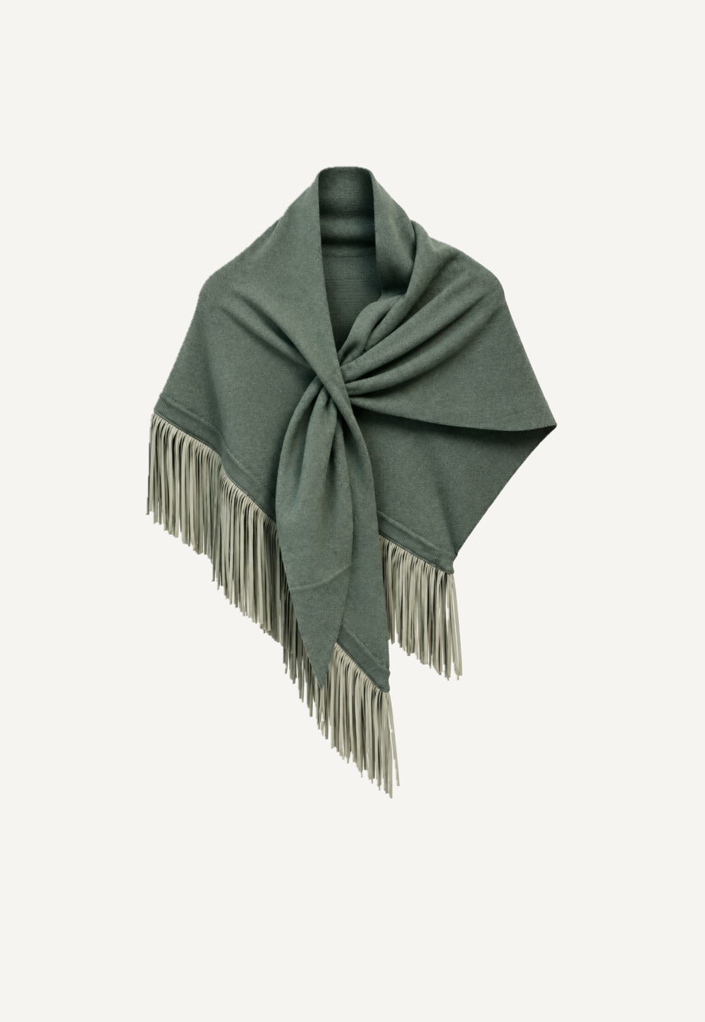 Antonia Zander Anina Triangolo Eucalyptus/Sage – green and sage cashmere triangle shawl with pale leather fringes, front view.