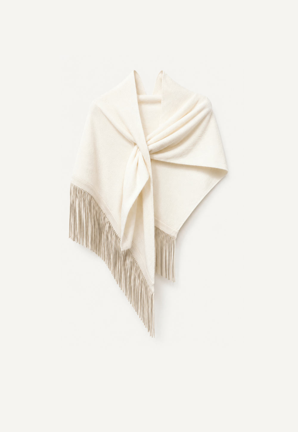 Antonia Zander Anina Triangolo Lapponia – ivory cashmere triangle shawl with pale leather fringes, front view.