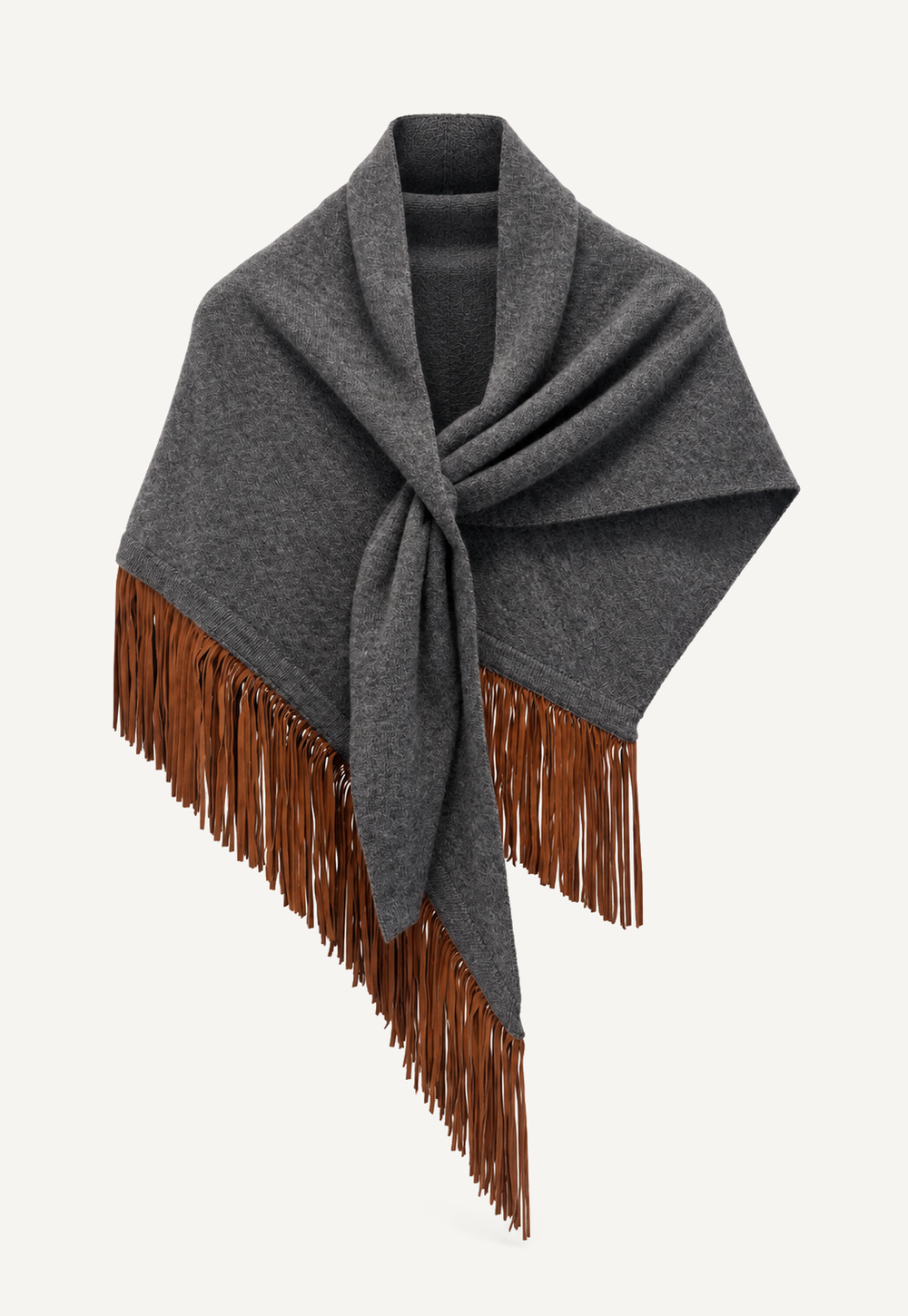 Antonia Zander Anina Triangolo Mica No. 53, triangular cashmere scarf with fine goat suede leather fringes.