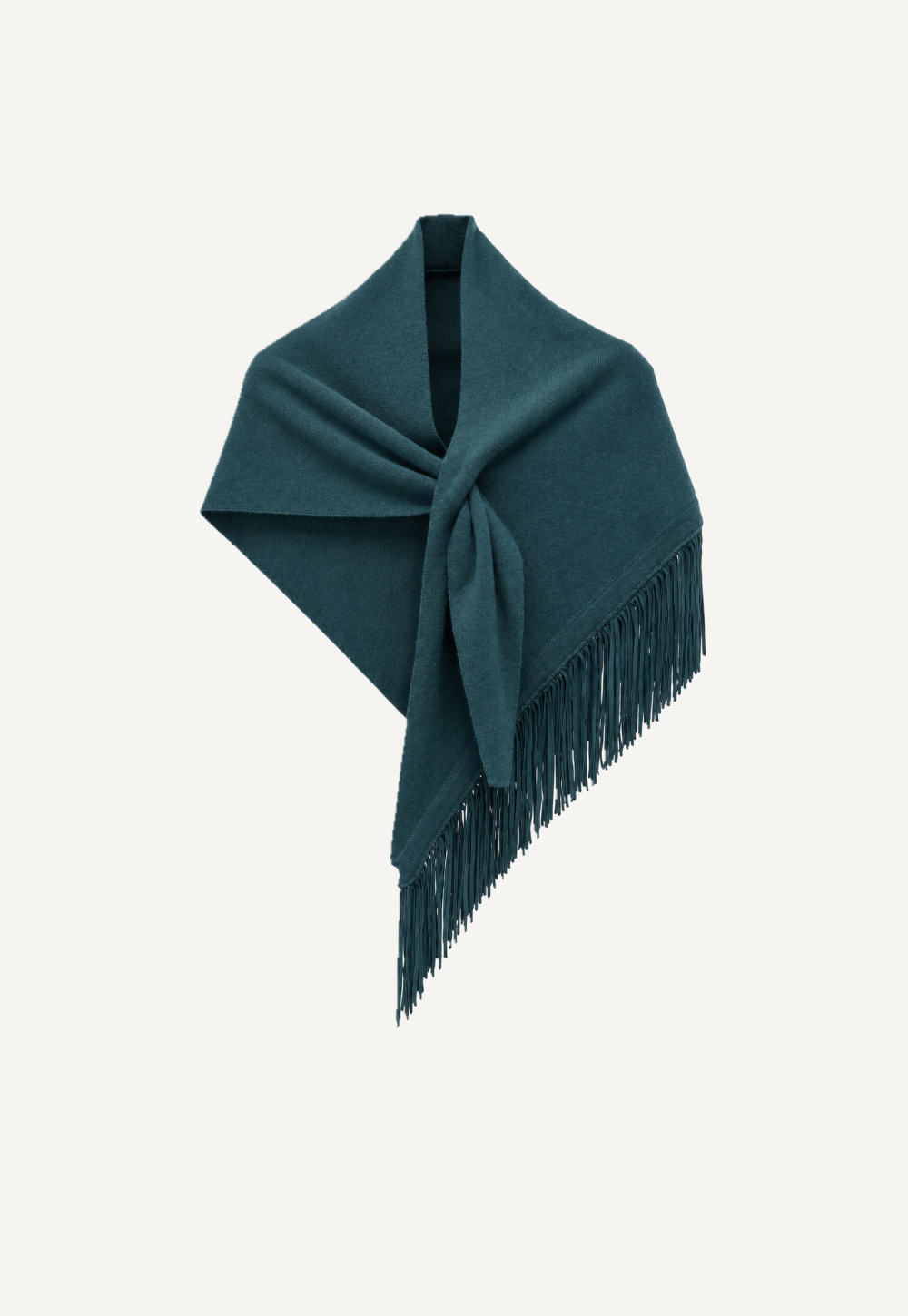 Antonia Zander Anina Triangolo Spiruline No. 54 – teal cashmere triangle shawl with goat suede-leather fringes, front view.