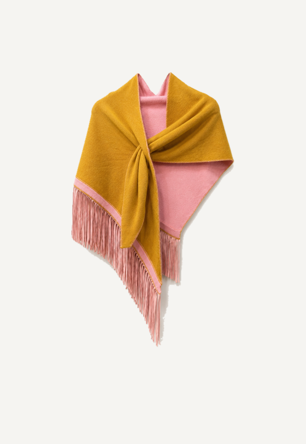 Antonia Zander Anina Tricolore Triangolo Gold – golden yellow and pink cashmere triangle shawl with pink leather fringes, front view.