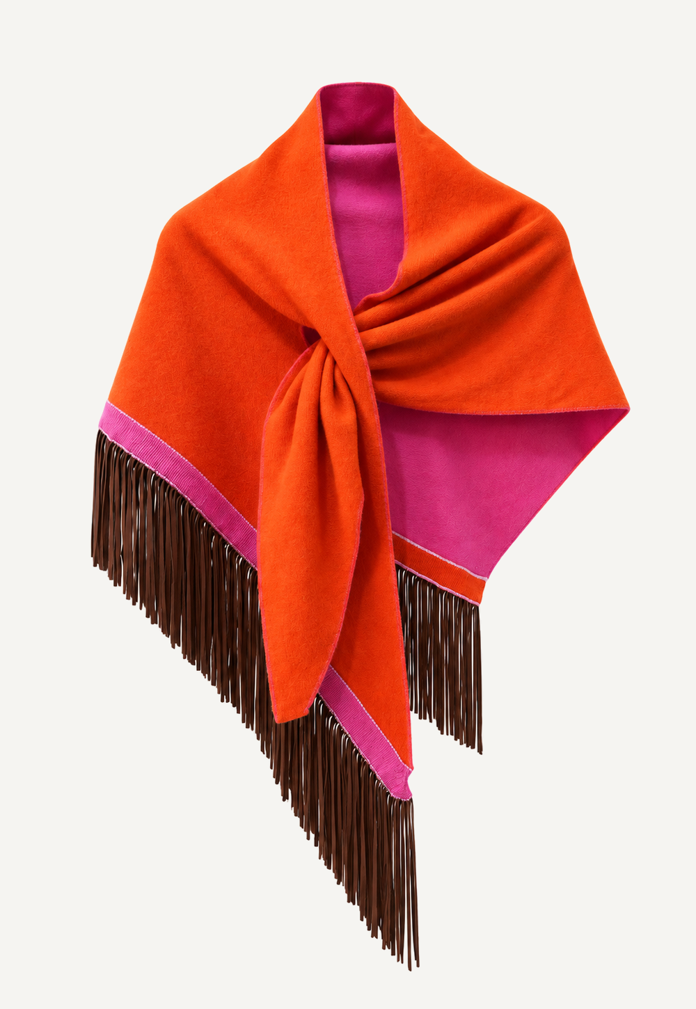 Anina Tricolore Triangolo Poppy cashmere scarf with goat suede leather fringes