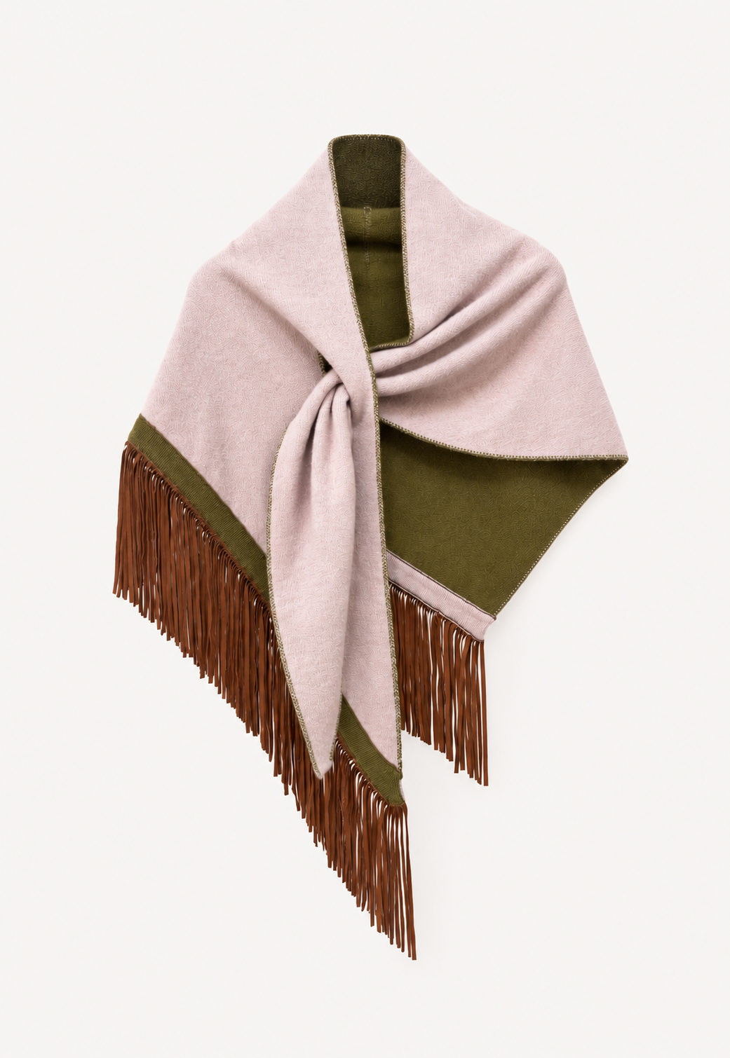 Anina Tricolore Triangolo Rose cashmere scarf with goat suede leather fringes