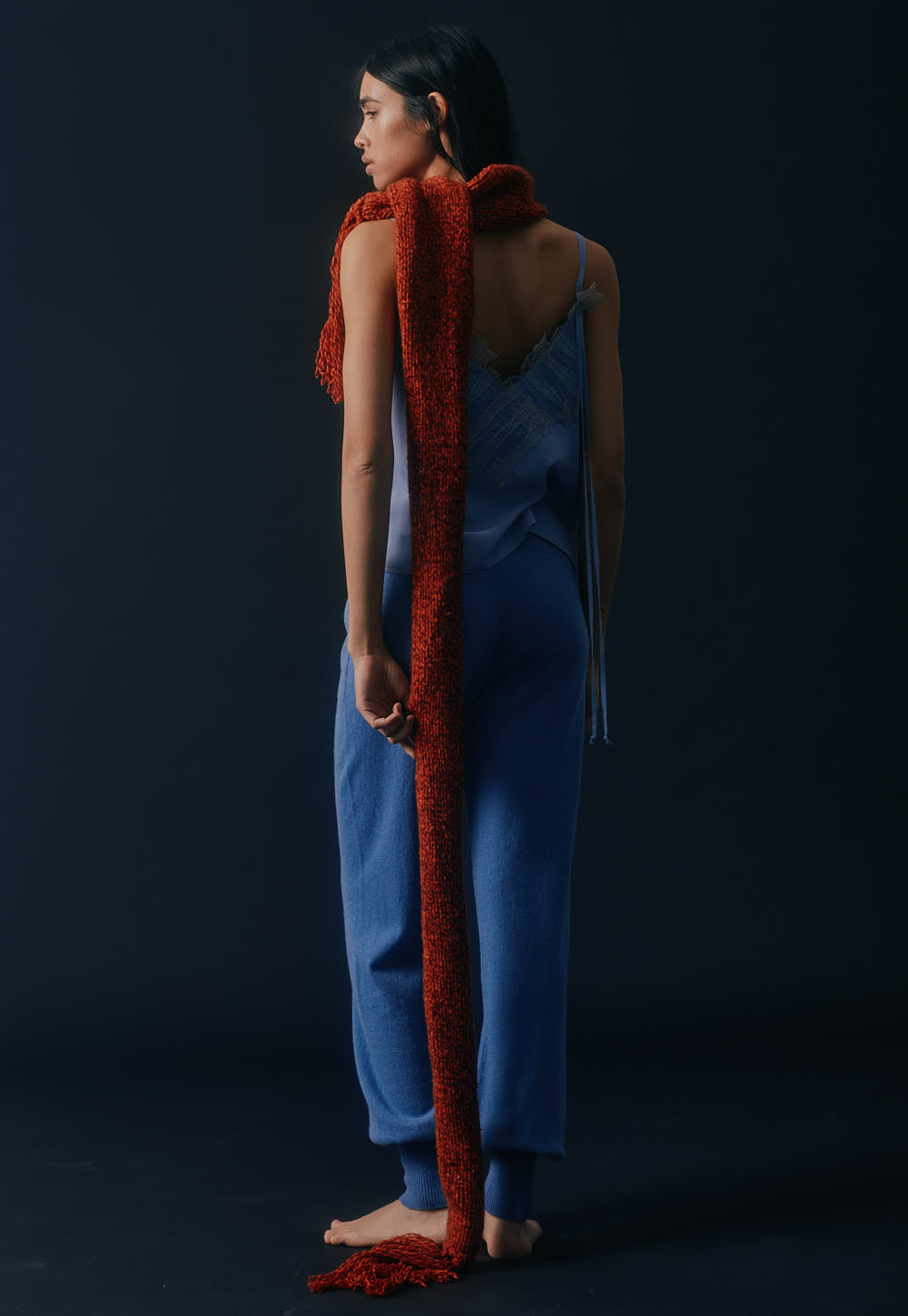 Back view of the Antonia Zander Indra Top in Blue featuring adjustable tie straps and signature Celestial Lace at the back neckline.