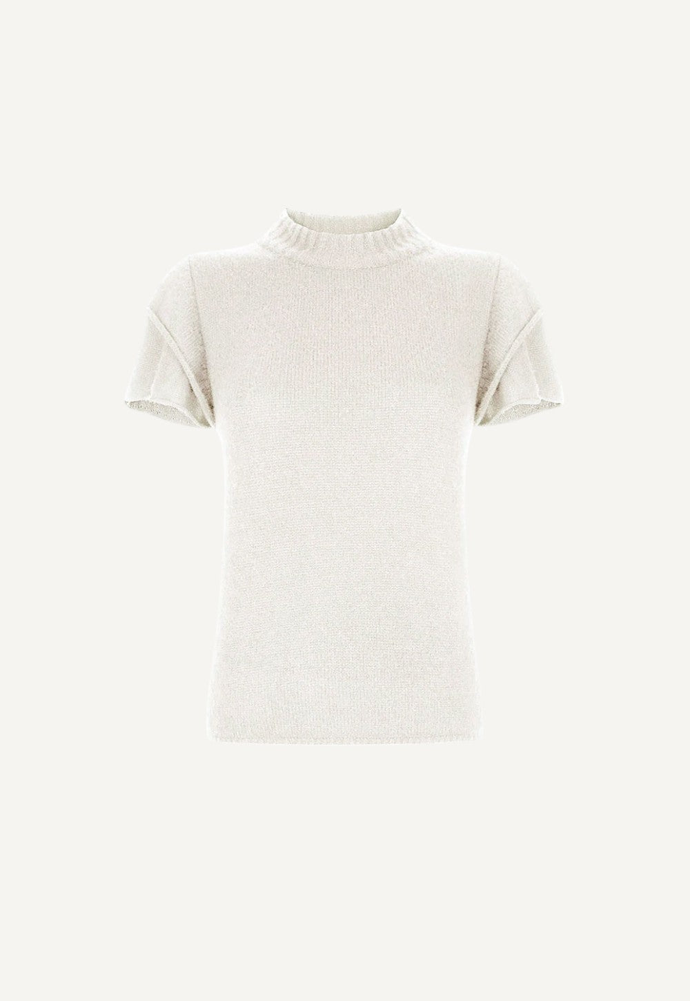 Antonia Zander Maika Top in ecru cashmere and silk, a fluffy slim-fit knit top with turtleneck and double ruffle sleeves.