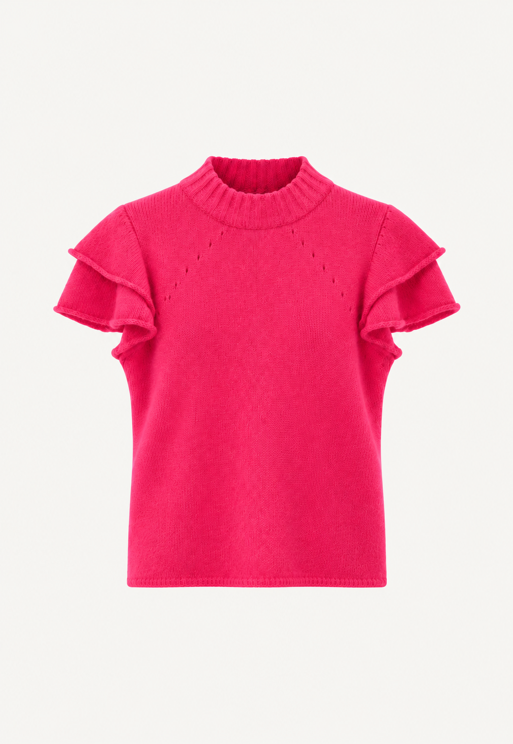 Antonia Zander Maika Top in Pink, fluffy cashmere and silk knit with a turtleneck and short double ruffle sleeves.