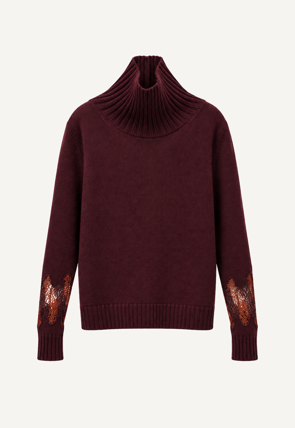 Nilo Sweater in Bordeaux aus Cariaggi Cashmere mit weitem, extralangem Stehkragen und Spitzeneinsätzen – Produktansicht
