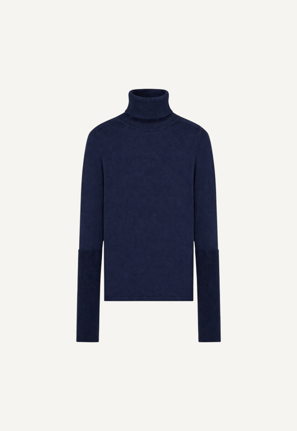 Navy turtleneck sweater in fine cashmere and silk with elongated cuffs, front view
