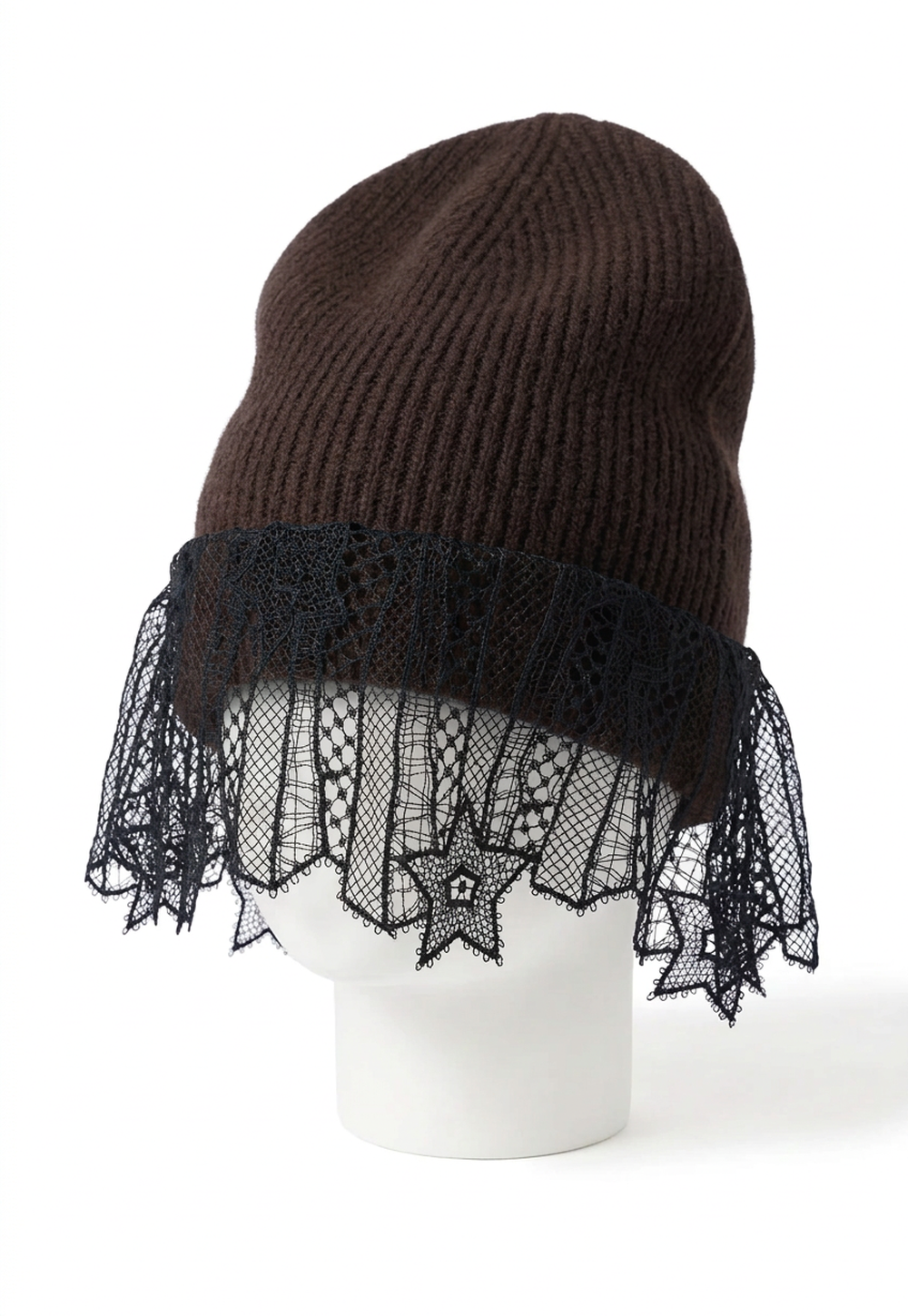Antonia Zander Pisa Beanie Lace in brown ribbed cashmere with delicate black lace veil, front product view