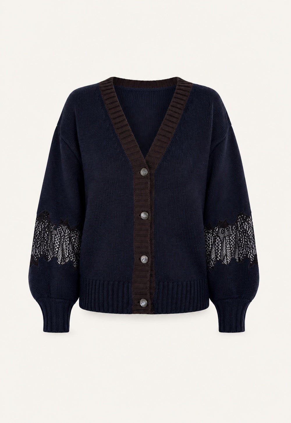 Antonia Zander Safra Cardigan in Navy crafted from luxurious 2/28 cashmere with delicate lace sleeve inserts and contrasting rib-knit trim.