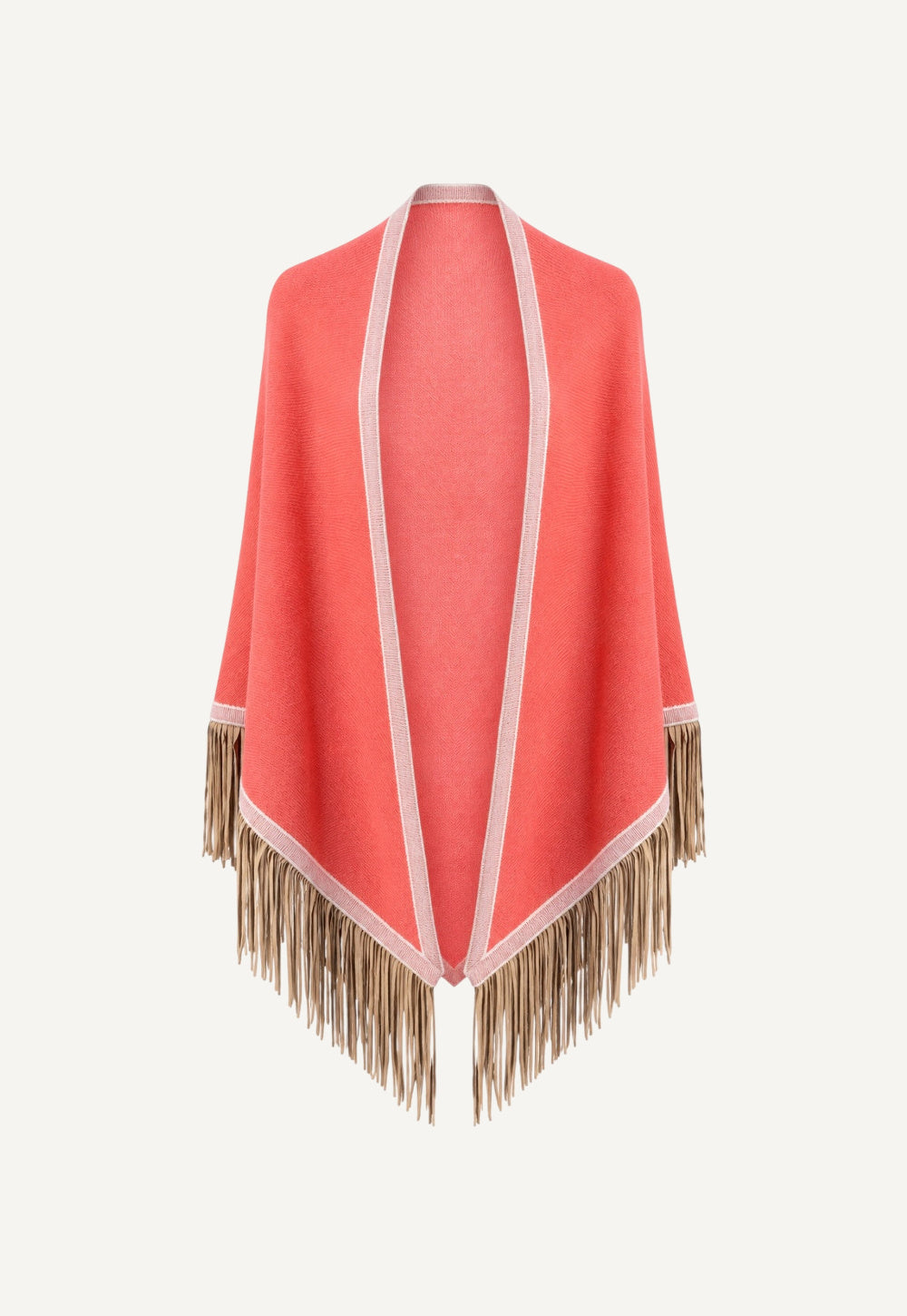 Antonia Zander Triangolo Camoscio – Cashmere triangle shawl in Bali with contrasting trim and hand-applied leather fringe, cutout product view.