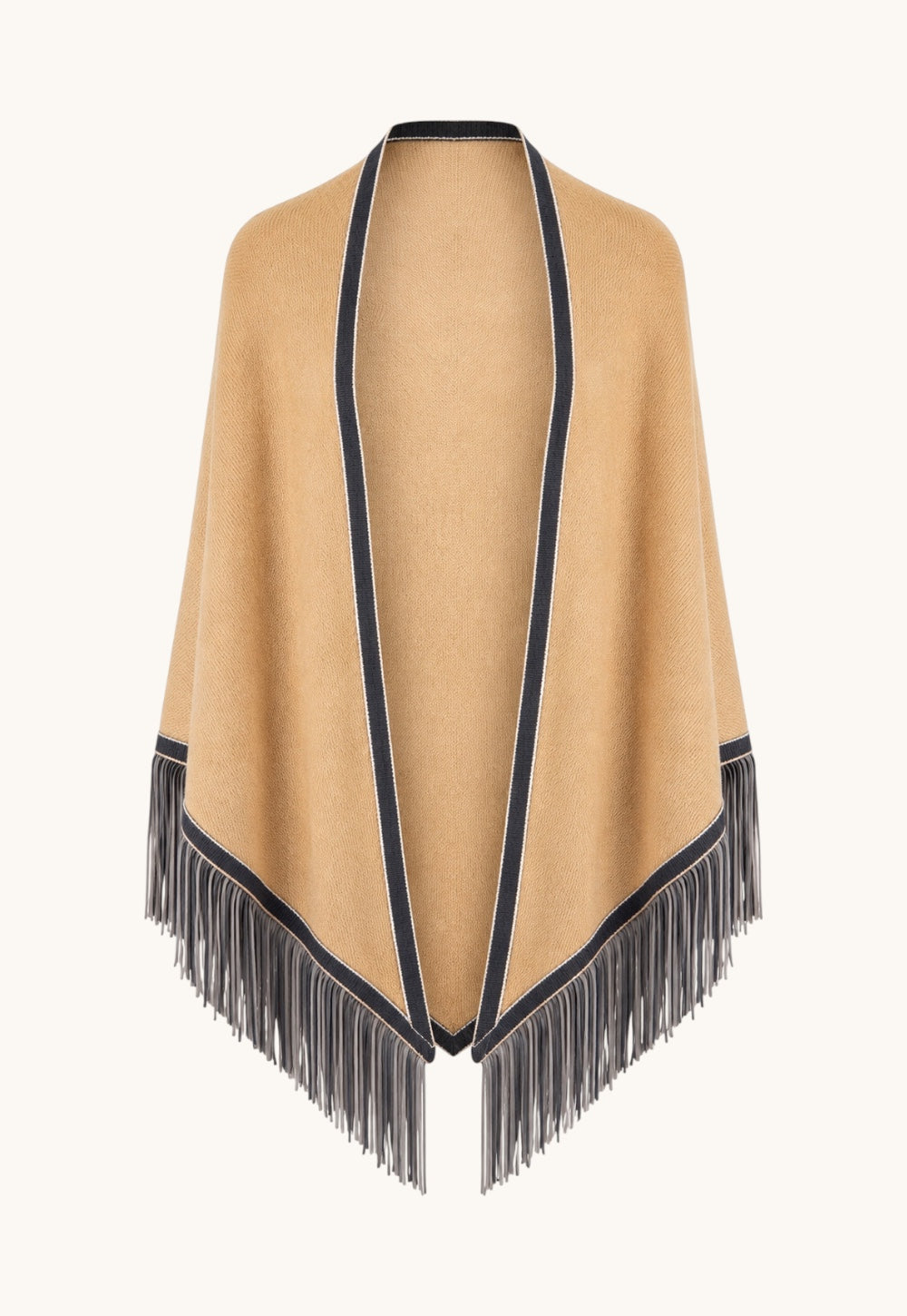 Triangolo wrap in camel cashmere with contrasting trim and hand-applied suede leather fringes by Antonia Zander.