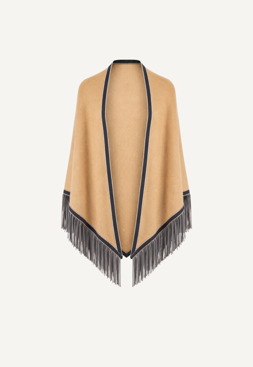 Antonia Zander Triangolo Camoscio Dune No. 714 – camel cashmere triangle scarf with contrasting trim and long light-grey suede leather fringes.