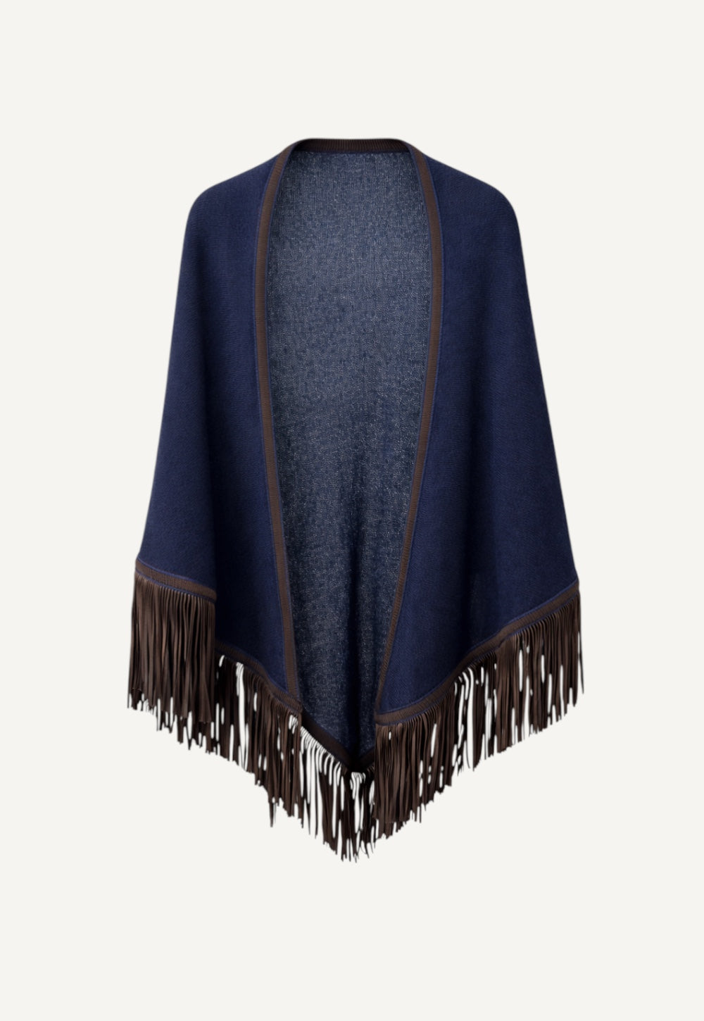 Cashmere triangle scarf in beluga with contrast trim and suede fringes