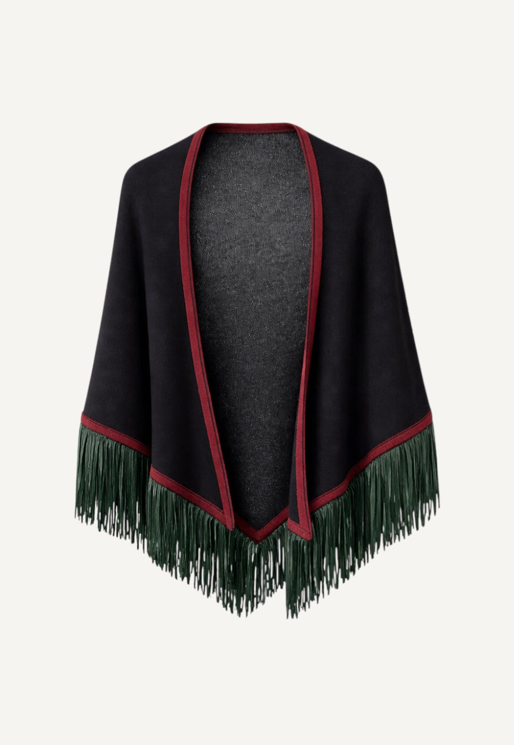 Antonia Zander Triangolo Camoscio – Black cashmere triangle scarf with contrasting edging and suede leather fringe.