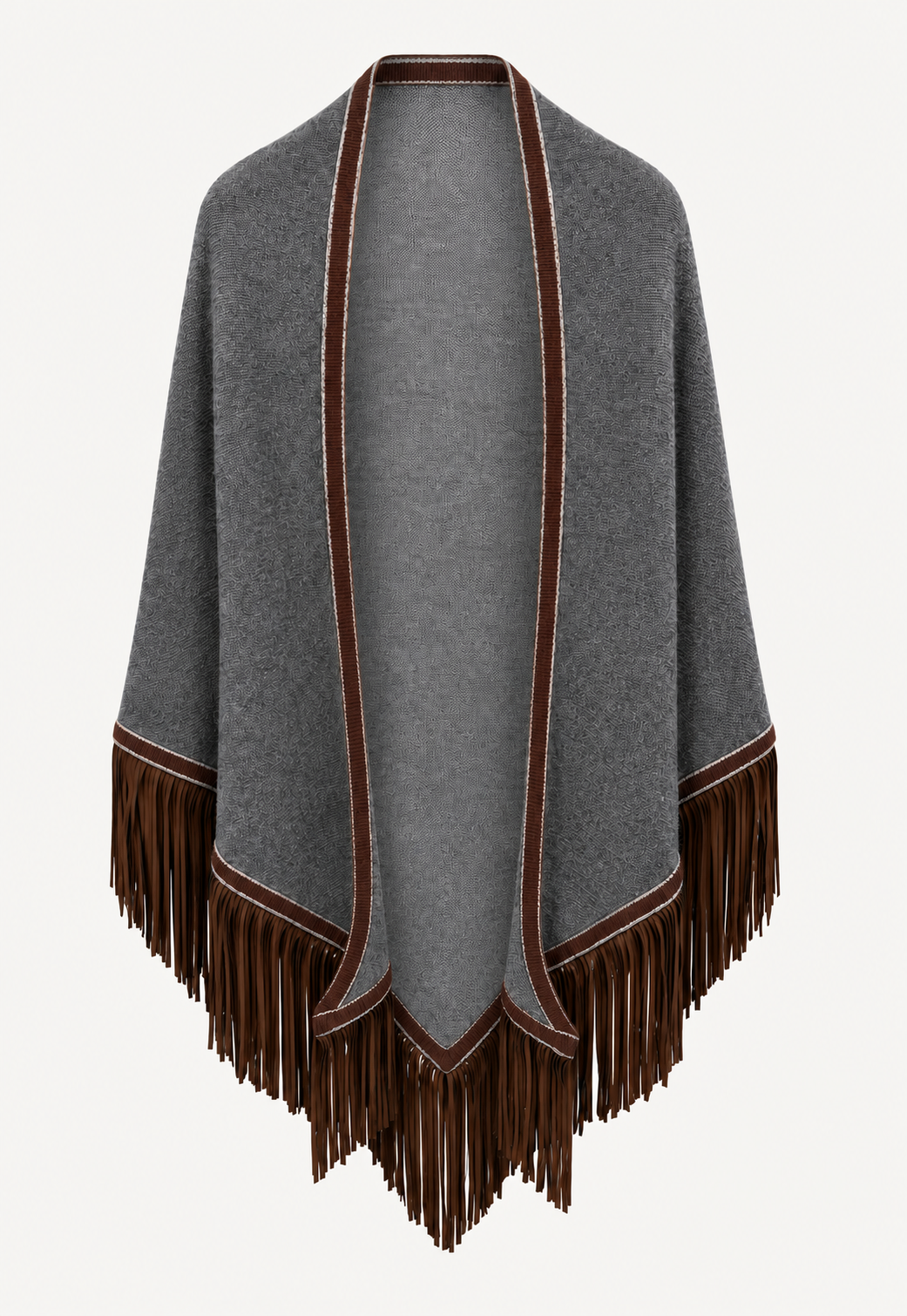Antonia Zander Triangolo Camoscio Granit No. 754, grey cashmere triangle scarf with brown goat suede leather fringes.