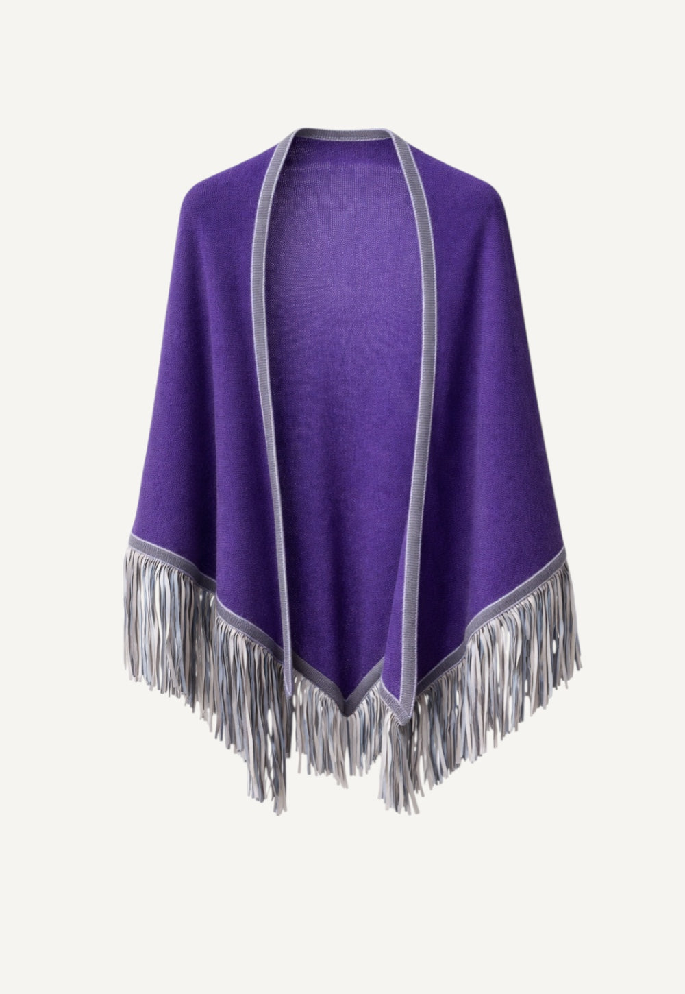 Cashmere triangle scarf in lavender with contrast trim and suede fringes
