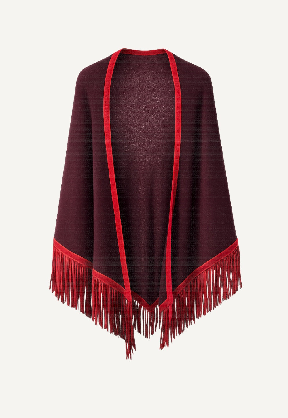 Cashmere triangle scarf in ottoman with contrast trim and suede fringes