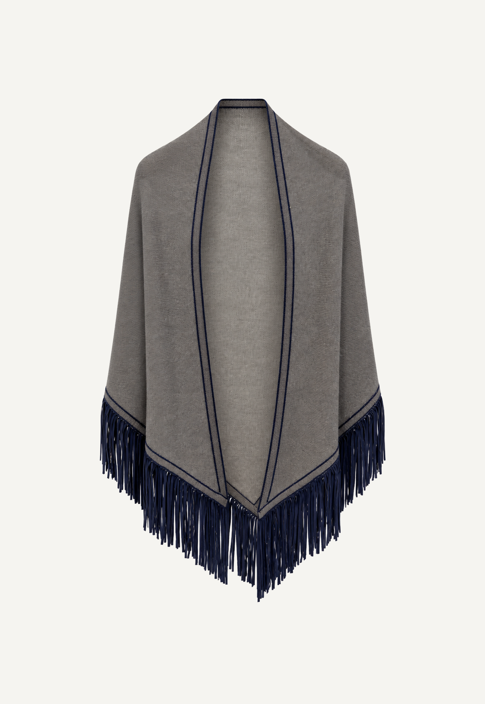 Antonia Zander Triangolo Camoscio – Grey cashmere triangle scarf in Storm No. 757 with navy goat suede leather fringe.