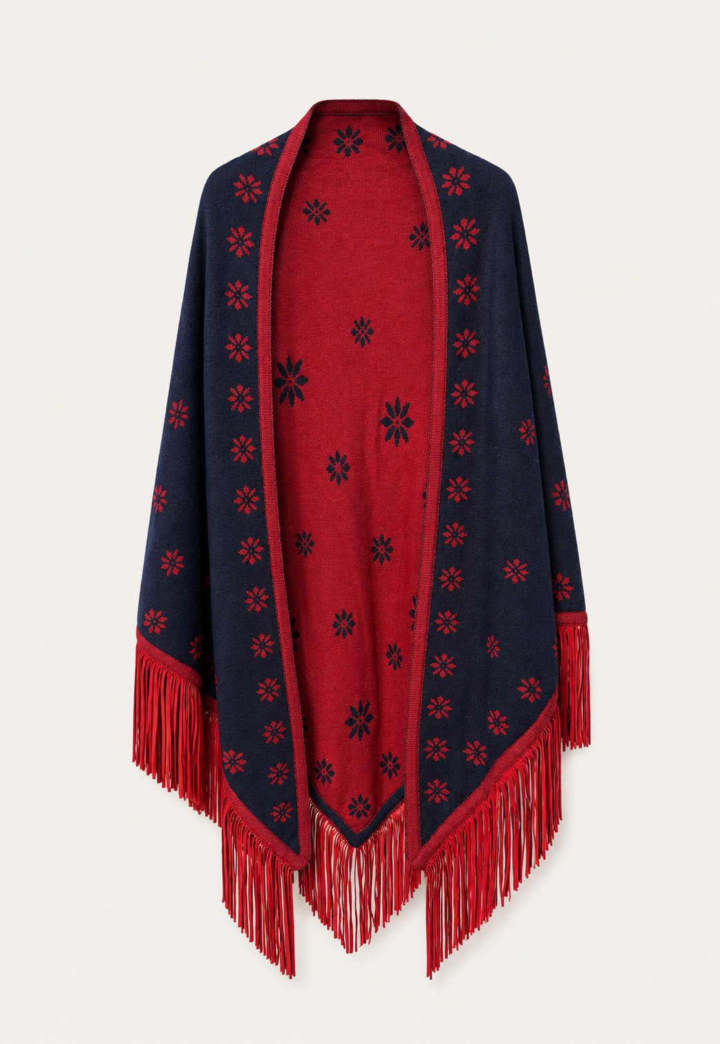 Triangolo Fiori cashmere stole in blue with red floral intarsia pattern and leather fringes by Antonia Zander