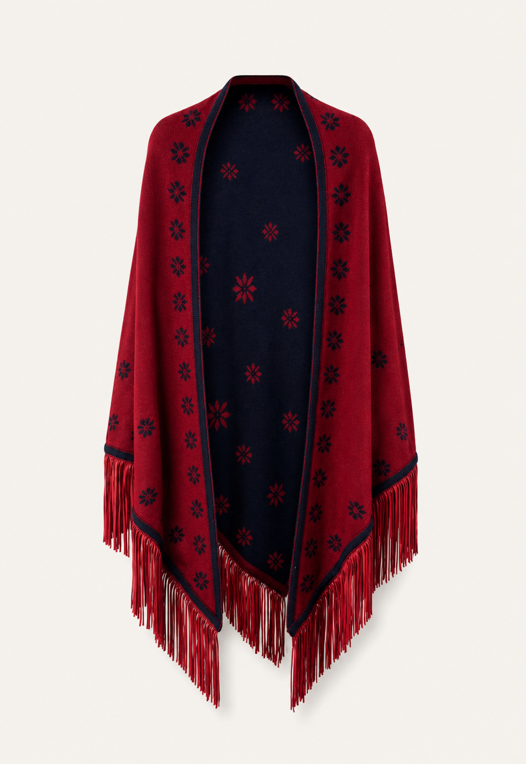 Triangolo Fiori cashmere stole in red with blue floral intarsia pattern and leather fringes by Antonia Zander