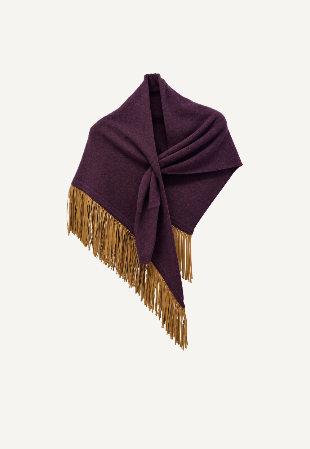 Antonia Zander Anina Triangolo Black Narcissus – aubergine cashmere triangle shawl with golden nappa-leather fringes, front view.