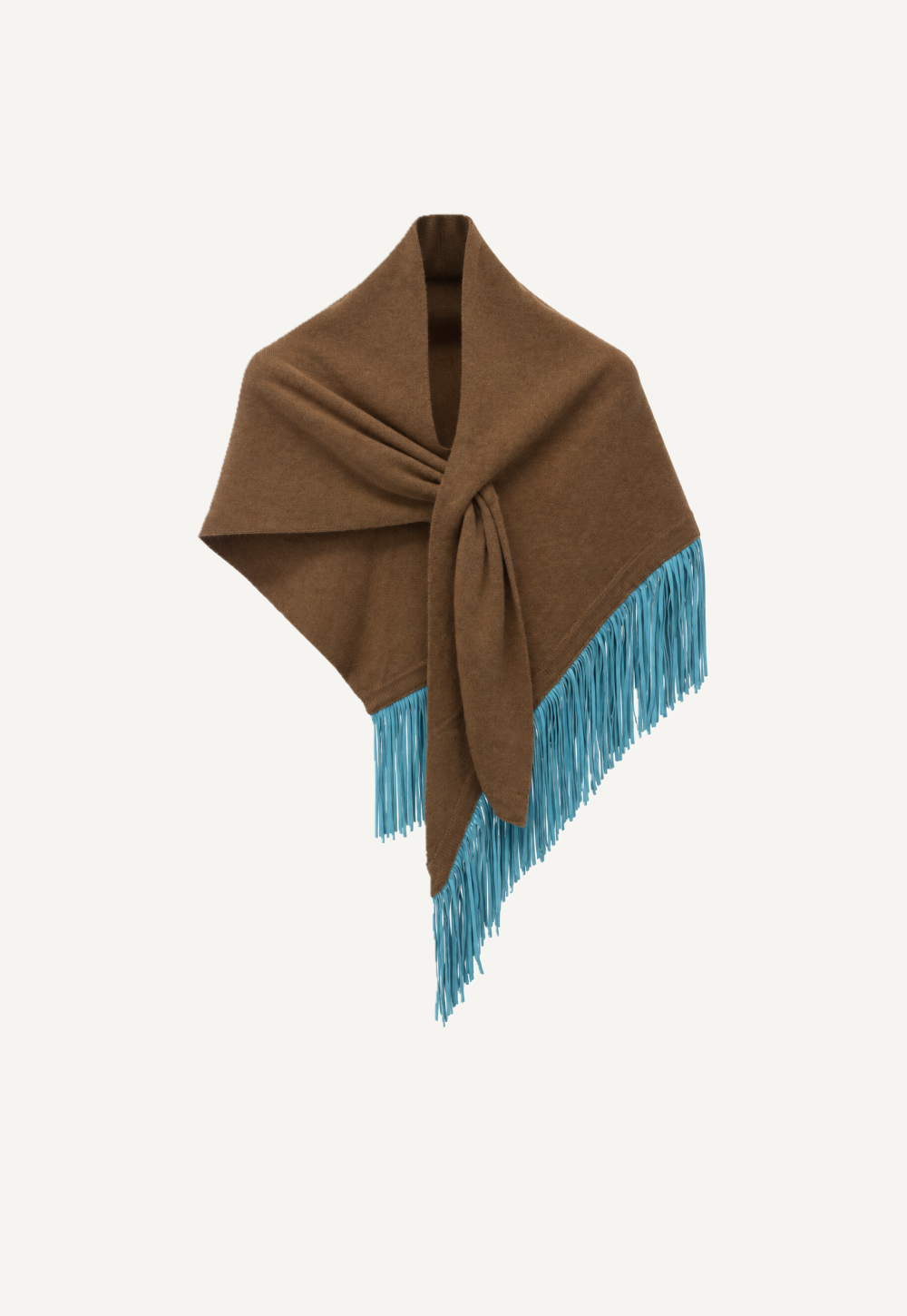 Antonia Zander Anina Triangolo Castagno No. 56 – chestnut-brown cashmere triangle shawl with turquoise nappa-leather fringes, front view.