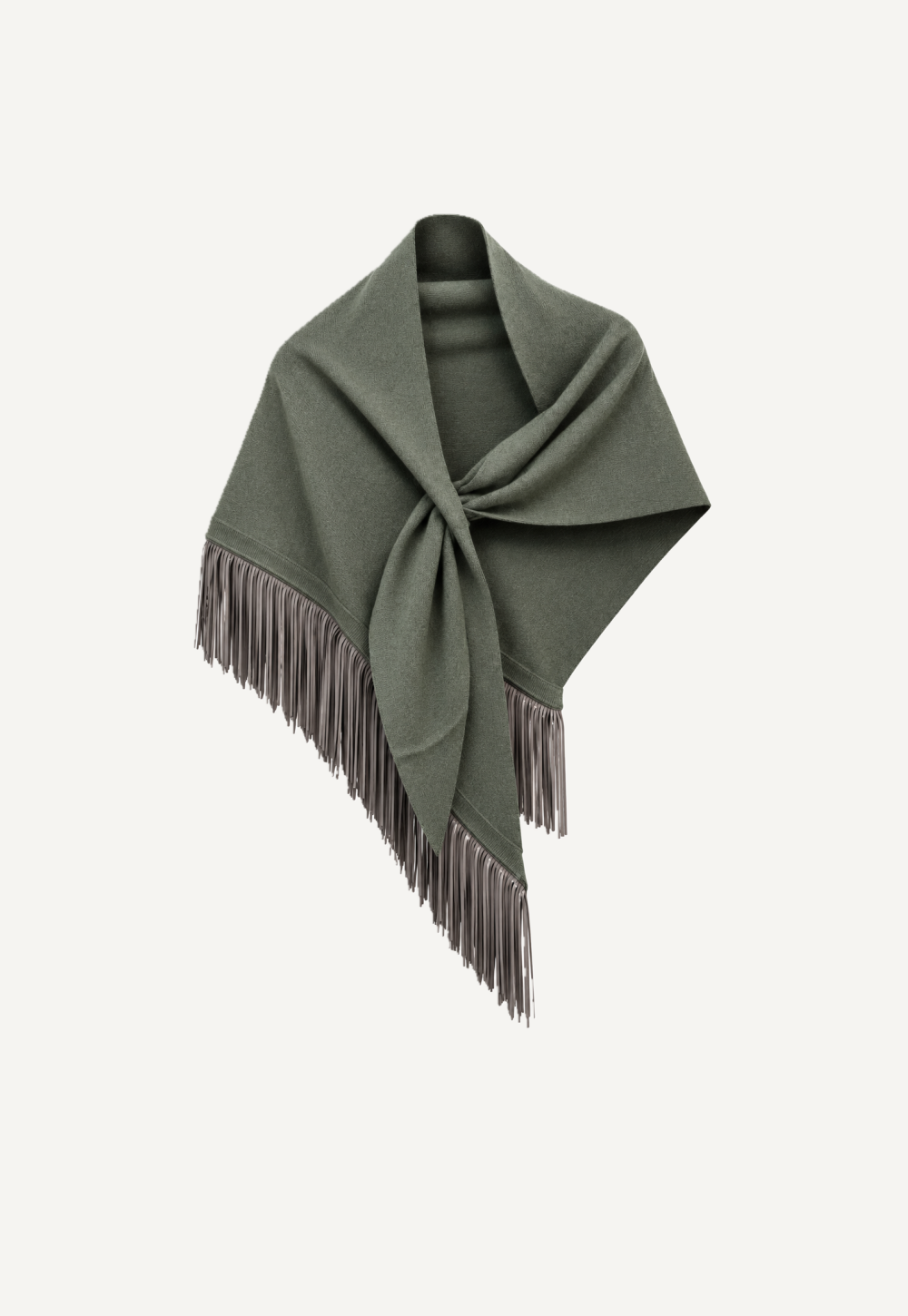Antonia Zander Anina Triangolo Eucalyptus – eucalyptus green cashmere triangle shawl with contrasting suede-leather fringes, front view.