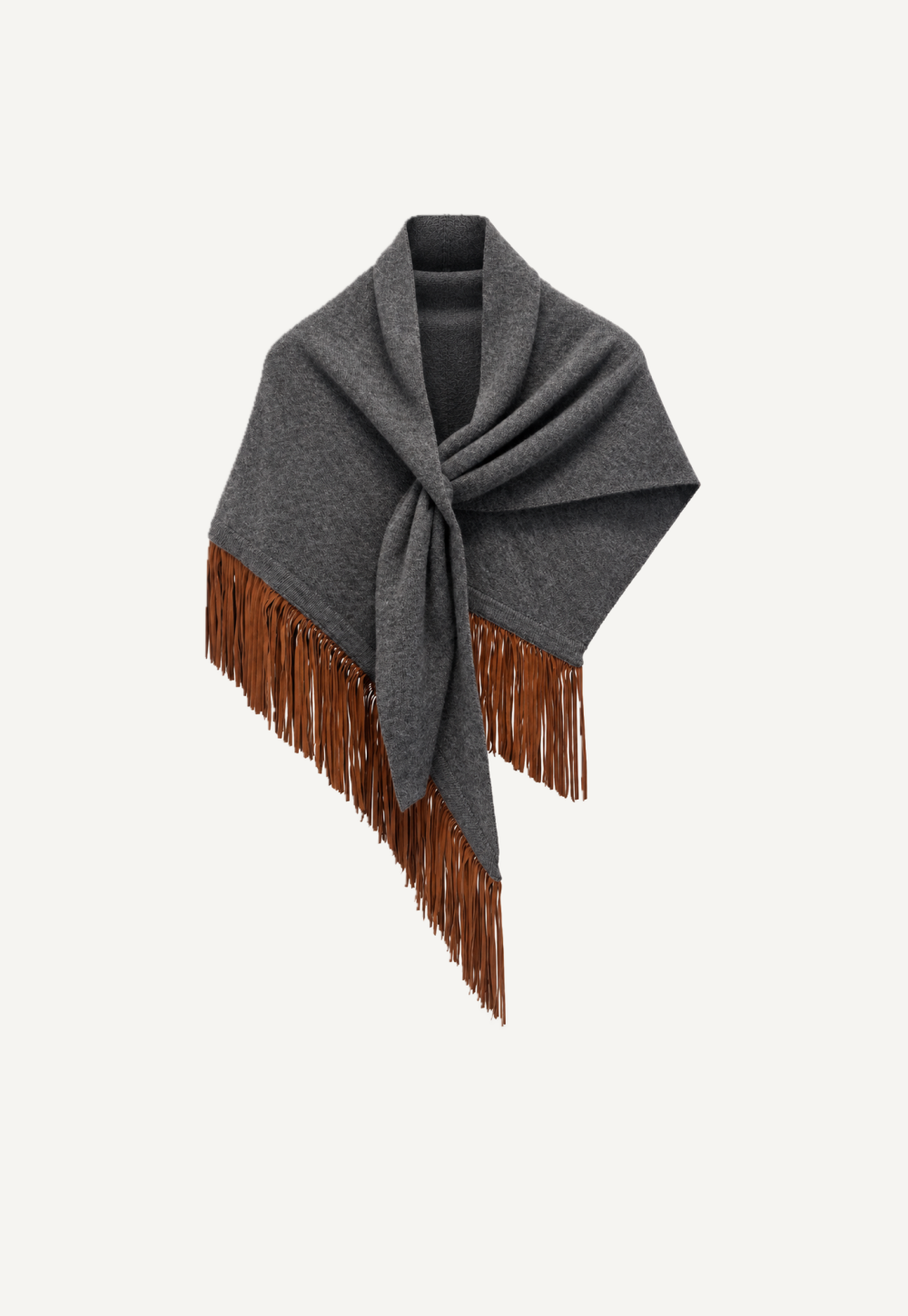 Antonia Zander Anina Triangolo Mica No. 53 – grey cashmere triangle shawl with warm brown suede-leather fringes, front view.