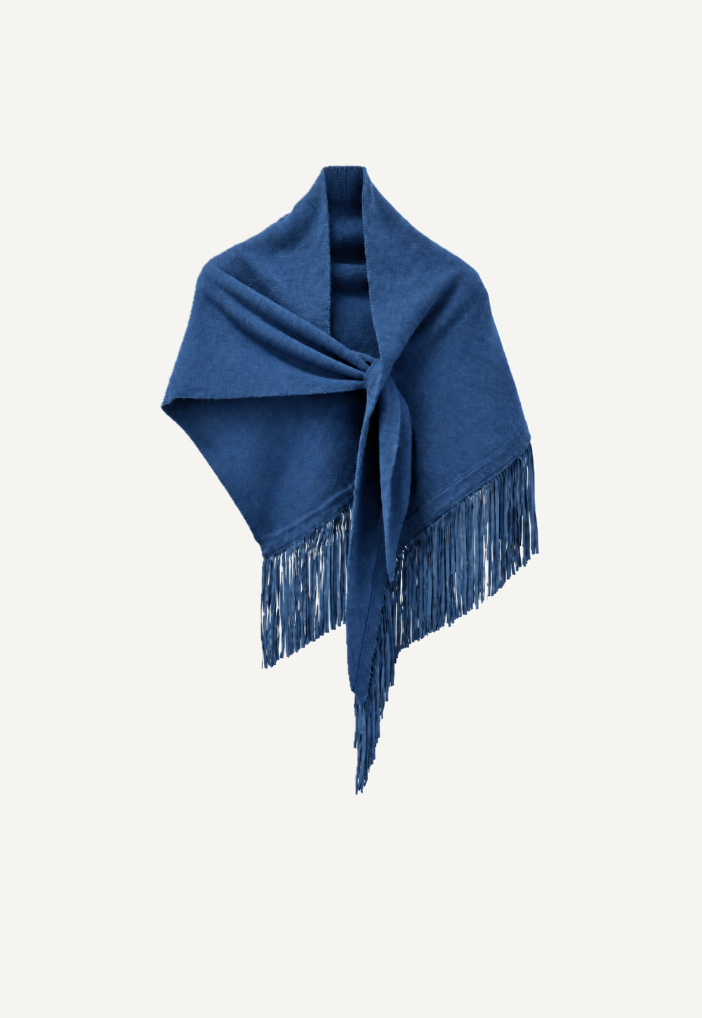 Antonia Zander Anina Triangolo Perseus No. 57 – indigo-blue cashmere triangle shawl with blue suede-leather fringes, front view.