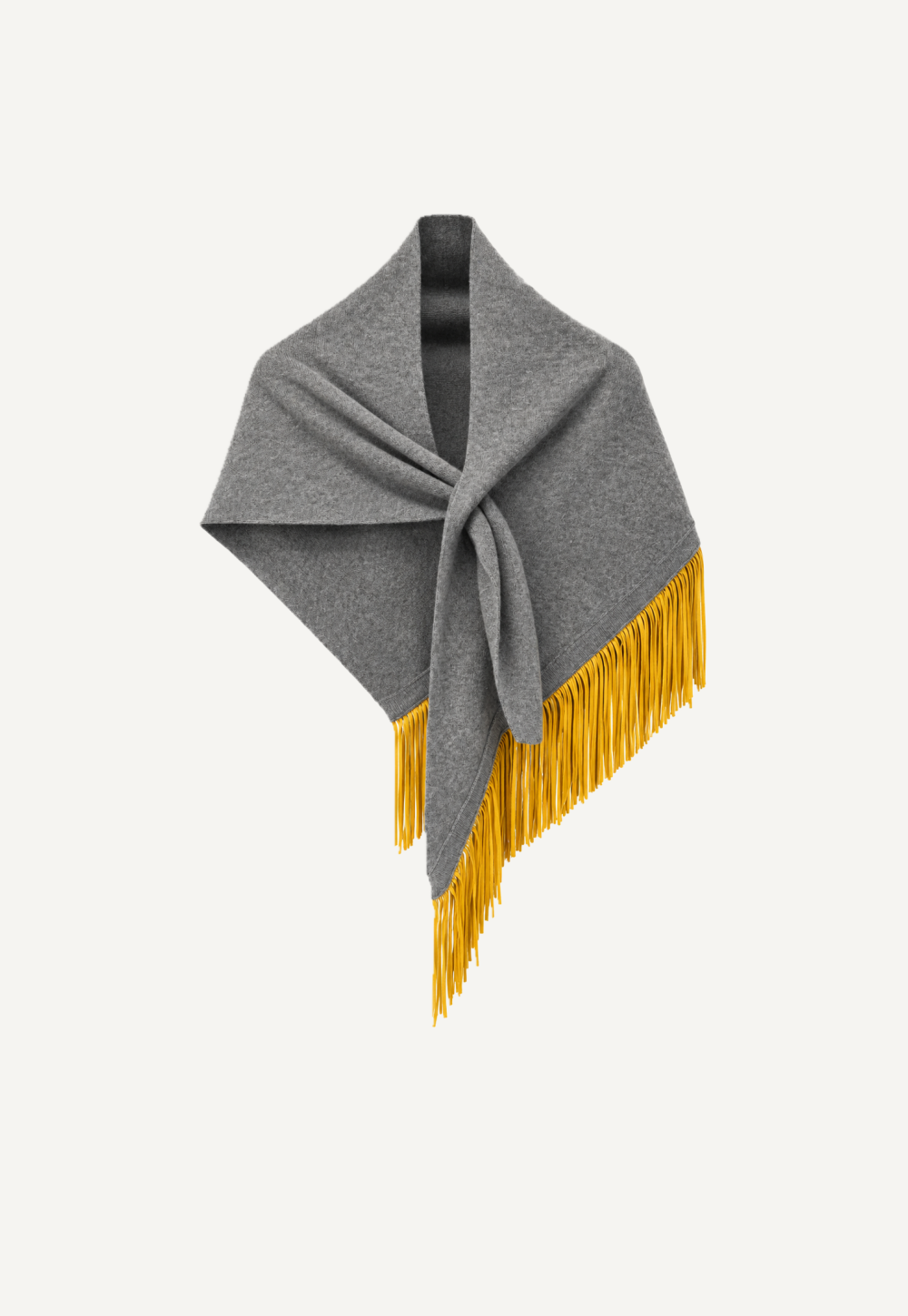 Antonia Zander Anina Triangolo Slate No. 52 – grey cashmere triangle shawl with contrasting yellow nappa-leather fringes, front view.