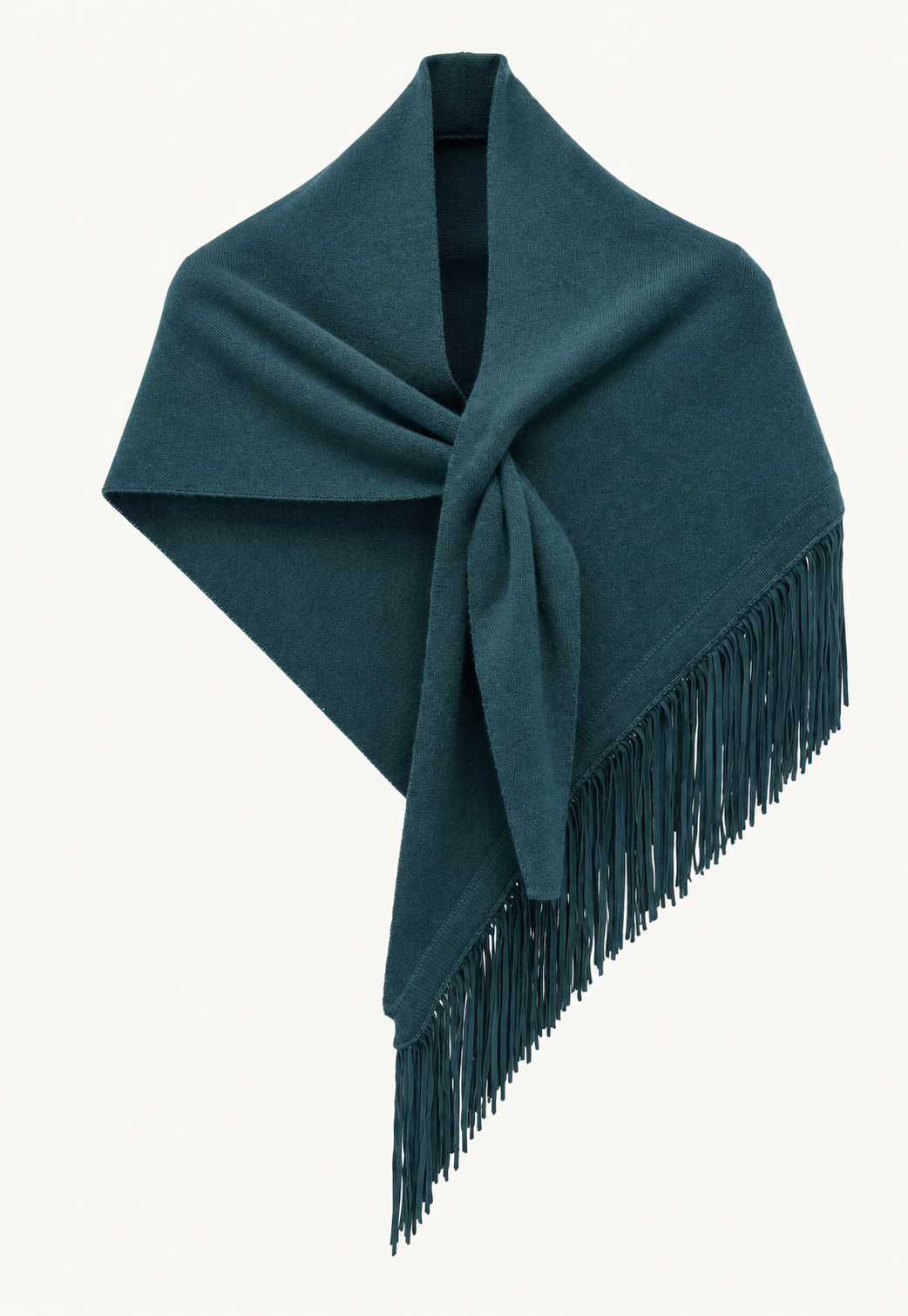 Antonia Zander Anina Triangolo Spiruline No. 54, teal cashmere triangle scarf with goat suede leather fringes.