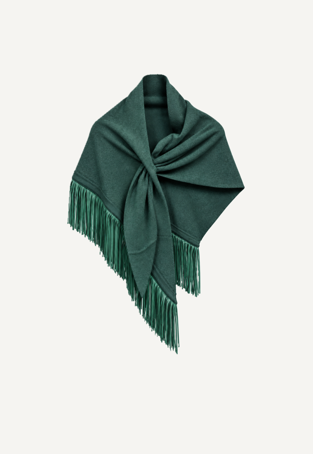 Antonia Zander Anina Triangolo Spruce – deep green cashmere triangle shawl with tonal nappa-leather fringes, front view.