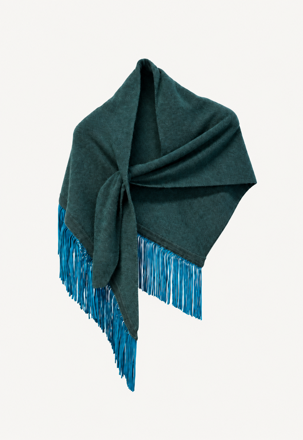 Antonia Zander Anina Triangolo Spruce petrol-green cashmere triangle scarf with turquoise goat suede leather fringes.