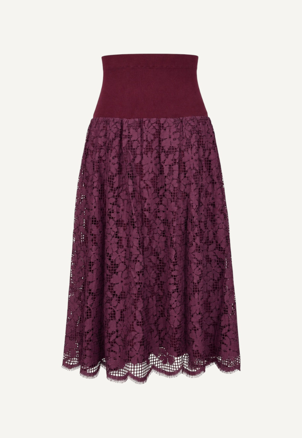 Antonia Zander Fenja Skirt in Bordeaux crafted from floral lace with a high rib-knit waistband and feminine A-line silhouette.