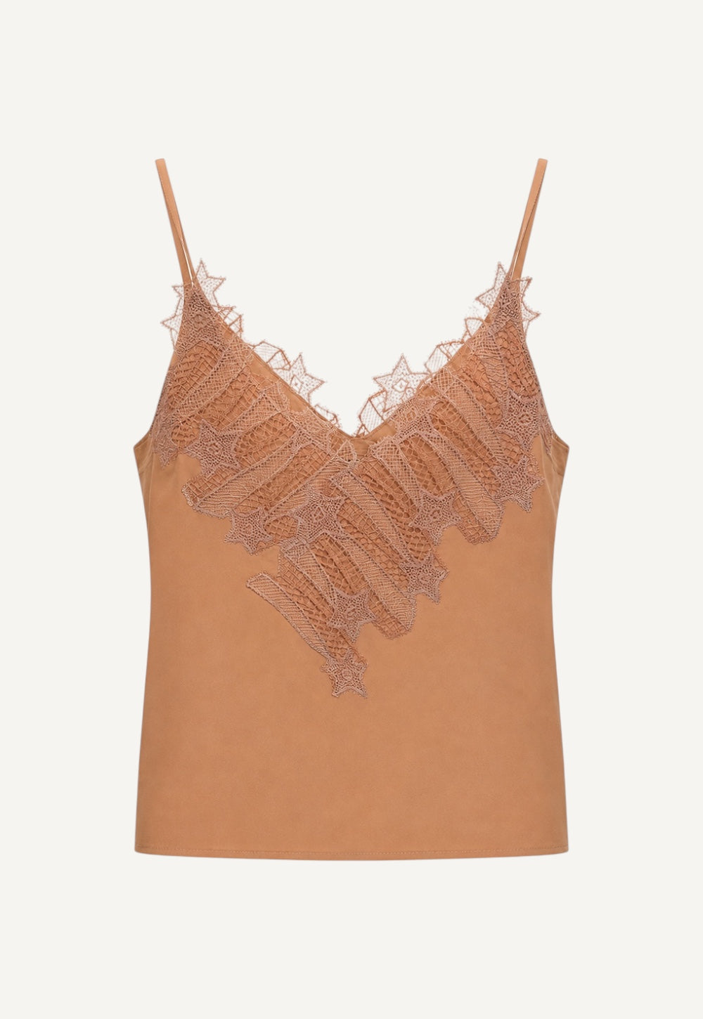 Antonia Zander Indra Top in Dusty Nude crafted from fluid acetate-silk satin with signature Celestial Lace.
