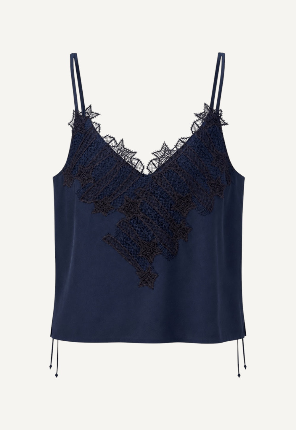Antonia Zander Indra Top in Navy crafted from fluid acetate-silk satin with signature Celestial Lace at the neckline.