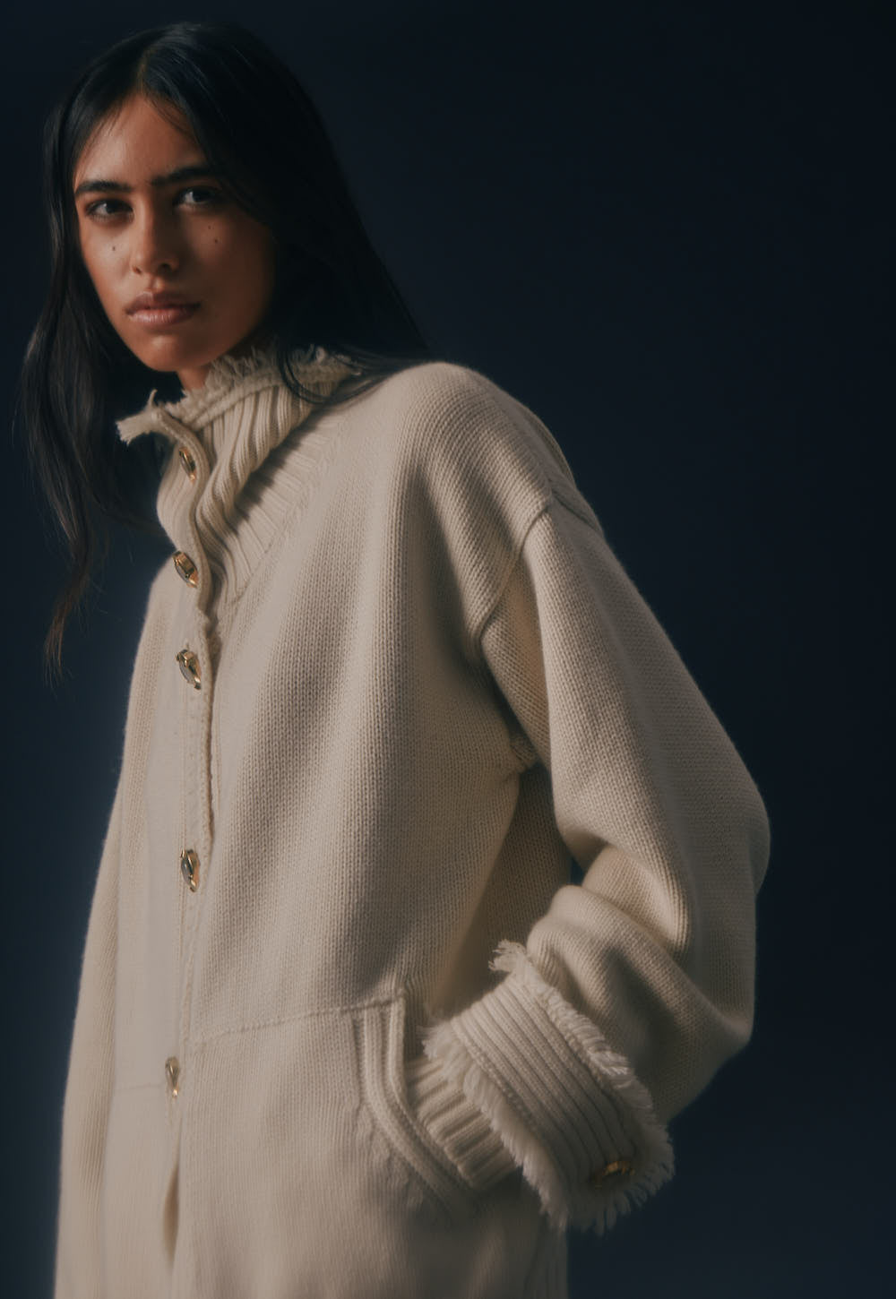 Antonia Zander Maggie Cashmere Bomber in ivory, cashmere knit detail.
