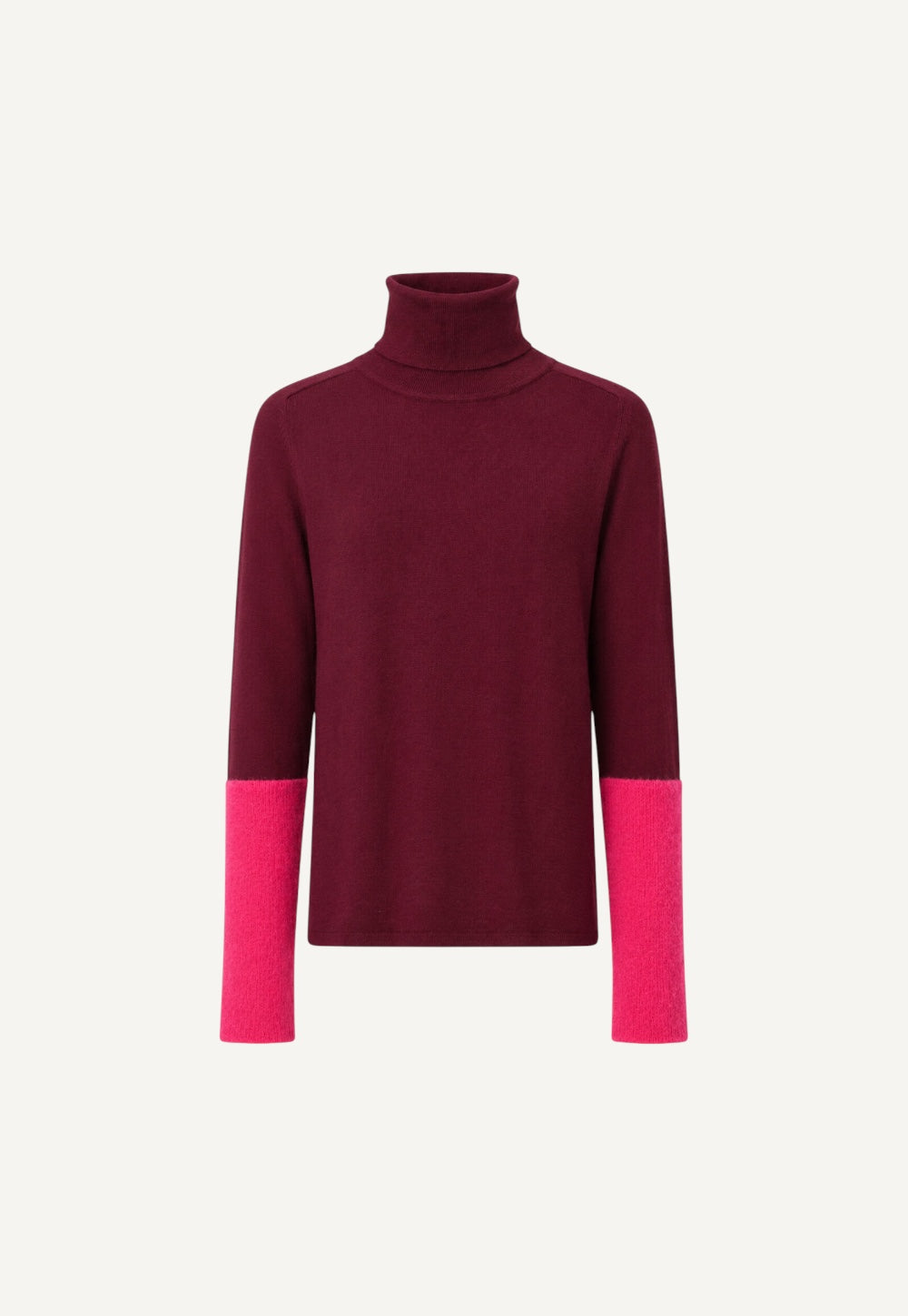 Bordeaux turtleneck sweater with pink elongated cashmere cuffs, slim silhouette
