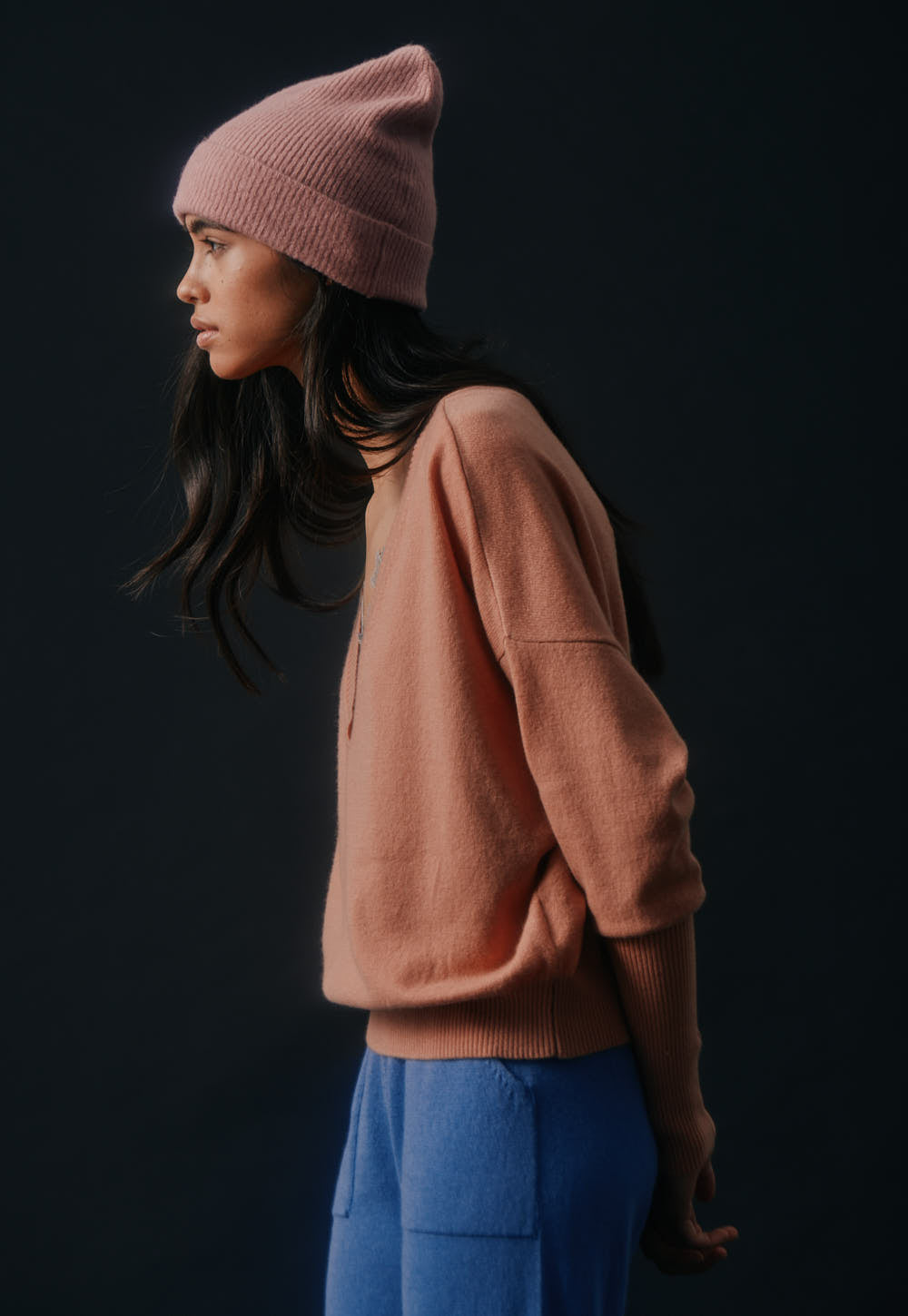 Antonia Zander Pisa cashmere beanie styled with the Pluta Sweater in an editorial look