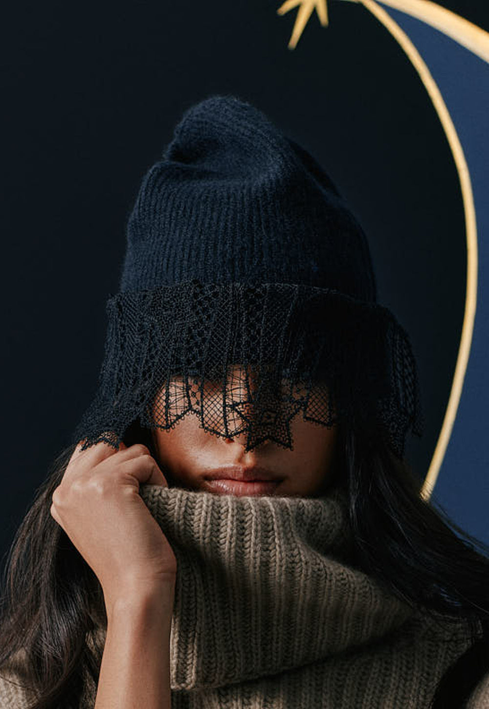 Antonia Zander Pisa Beanie Lace in navy cashmere with black lace veil, front view on model