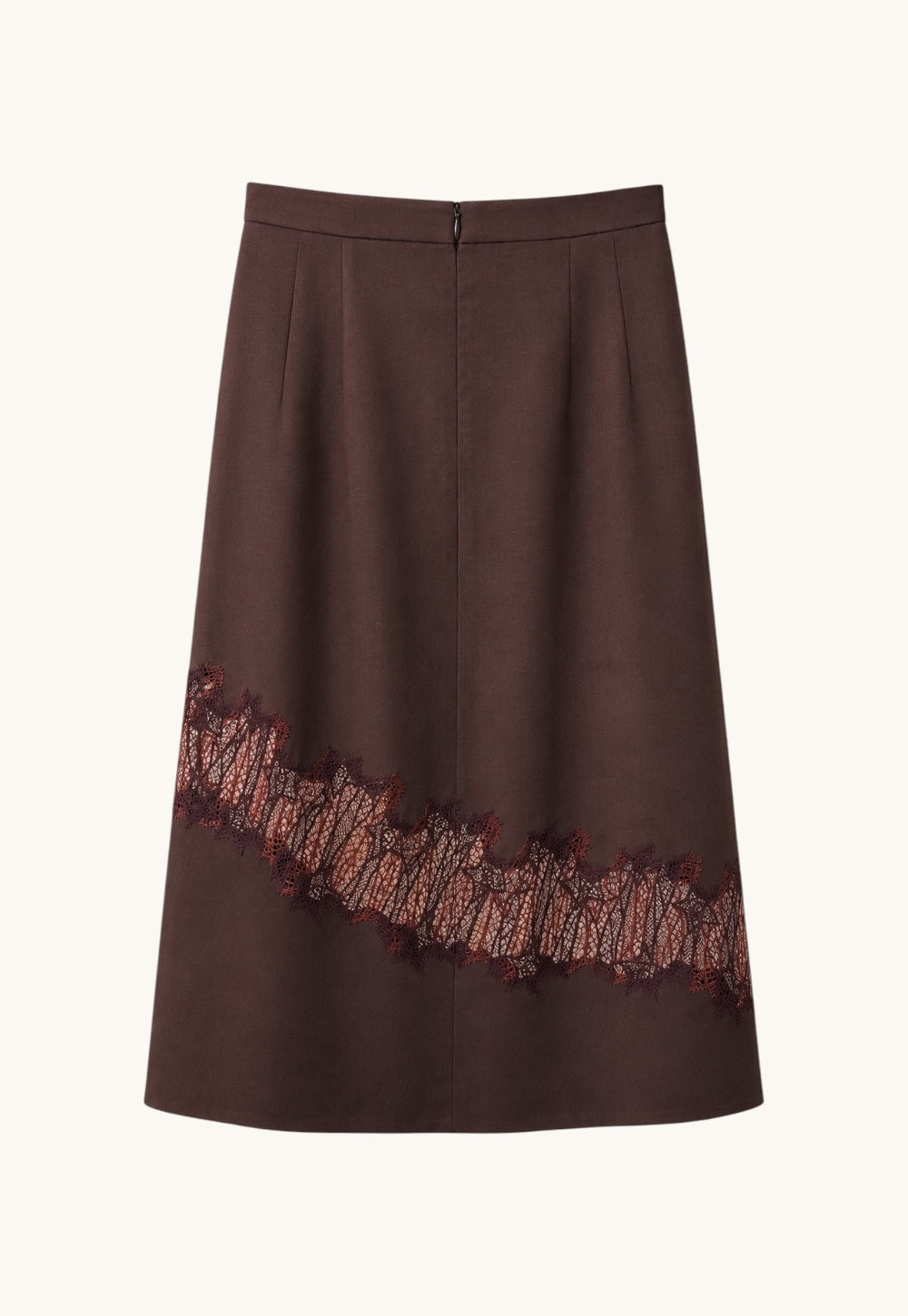 Back view of the Antonia Zander Romina Skirt in bordeaux with asymmetrical lace detail.