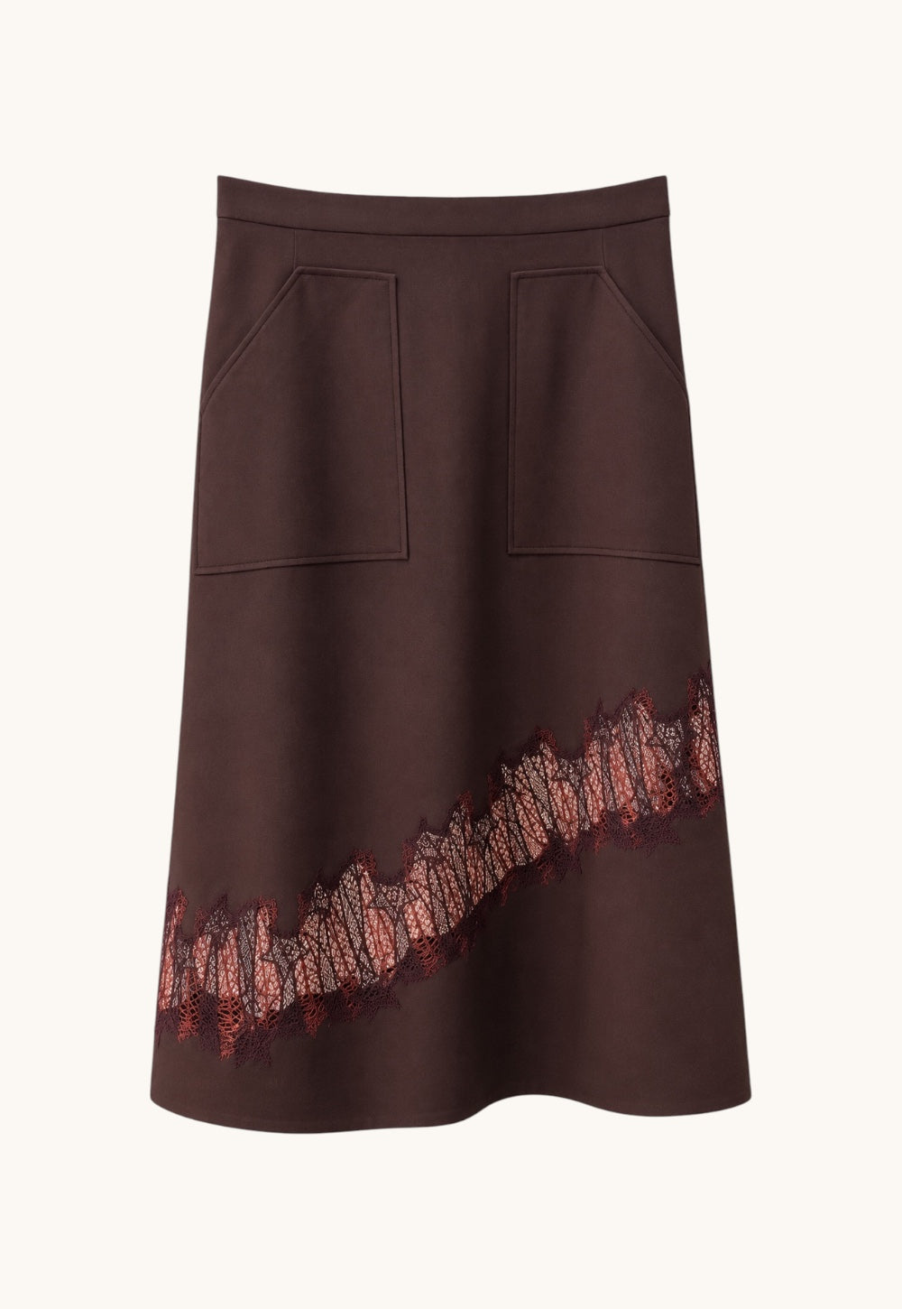 Front view of the Antonia Zander Romina Skirt in bordeaux with concealed back zip closure and asymmetrical lace detail.