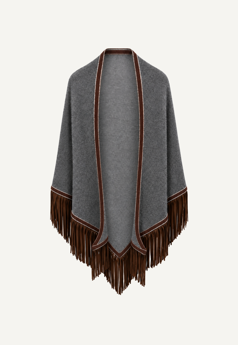 Antonia Zander Triangolo Camoscio – Grey cashmere triangle scarf in Granit No. 754 with brown goat suede leather fringe.