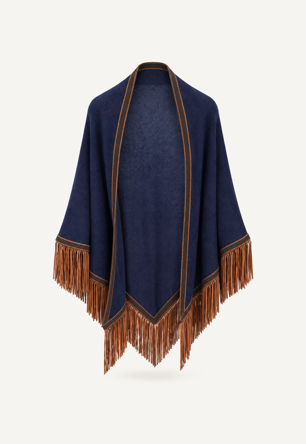 Antonia Zander Triangolo Camoscio – Cashmere triangle shawl in Neptune with contrasting edging and goat suede leather fringe.