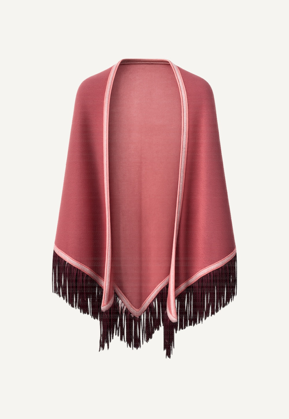 Antonia Zander Triangolo Camoscio Rosewood No. 664, detail view of the cashmere triangle scarf with goat nappa leather fringes.