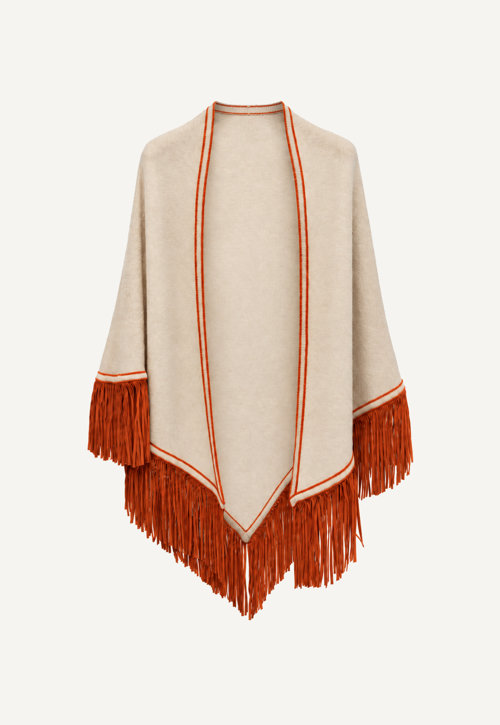 Antonia Zander Triangolo Camoscio – Cashmere triangle scarf in Sphinx No. 756 with goat suede leather fringe.