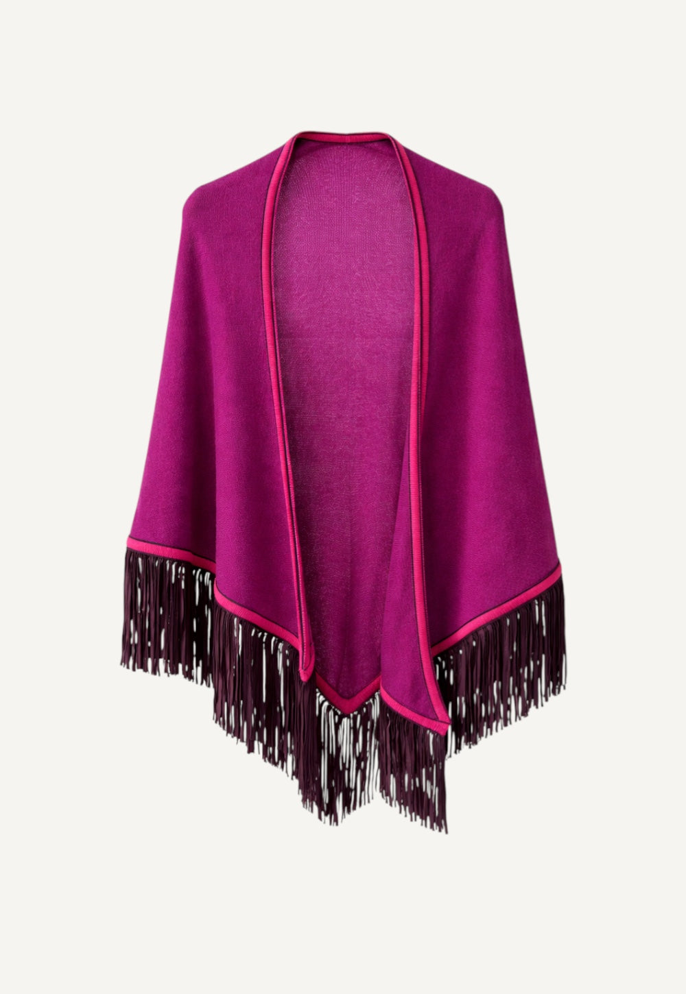 Cashmere triangle scarf in tulip with contrast trim and suede fringes